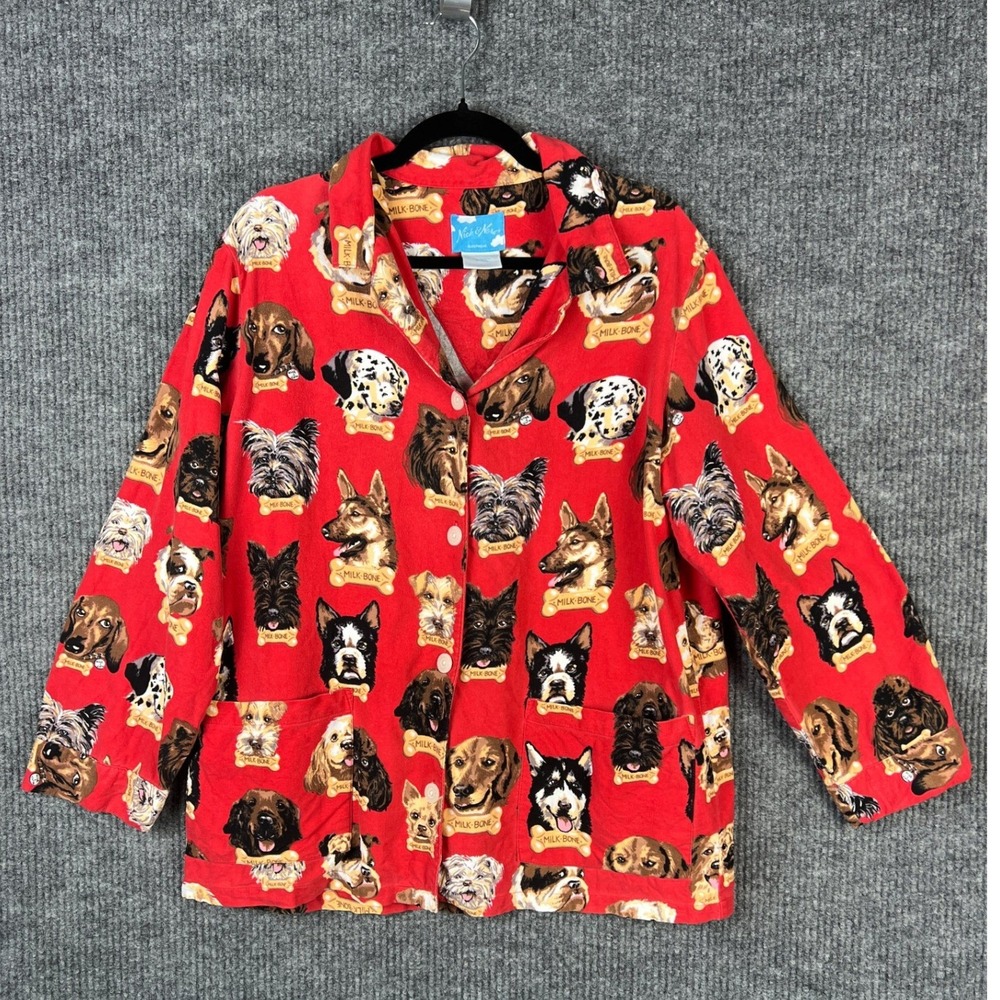 Nick & Nora Dog Print Flannel Sleep Shirt Large 90s Novelty Pajama Top Pockets